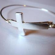 Silver Sideways Cross Bangle Bracelet Silver Charm Cross - Stackable Bangle Bracelet - Bridesmaid Gift