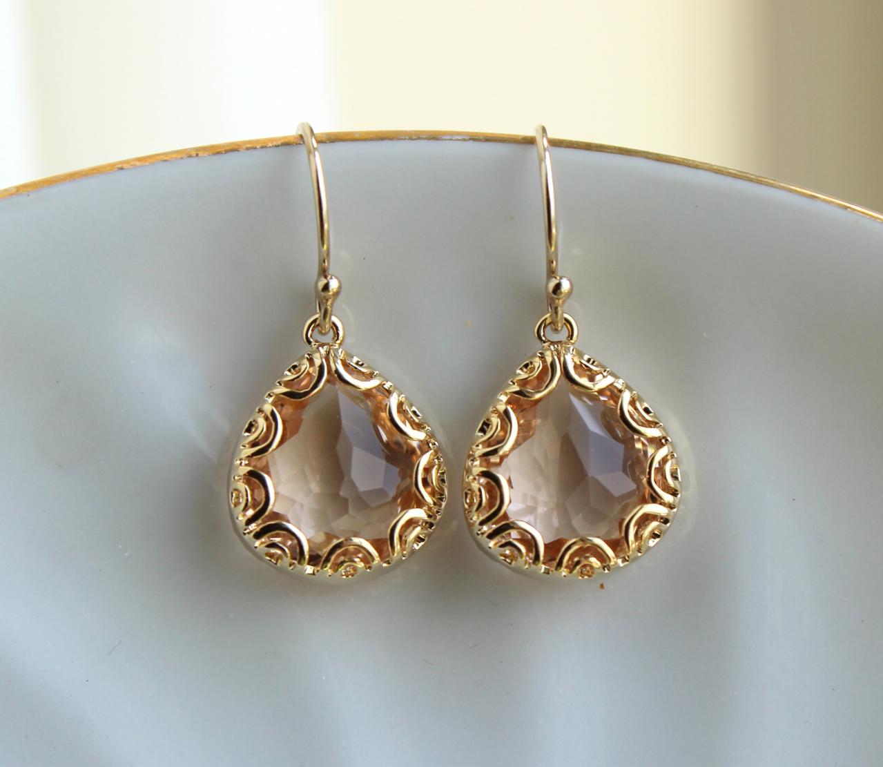 Gold Champagne Blush Earrings Peach Pink Jewelry - Pear Shaped Gold Design - Gold Blush Bridesmaid Earrings Champagne Peach Wedding Earrings