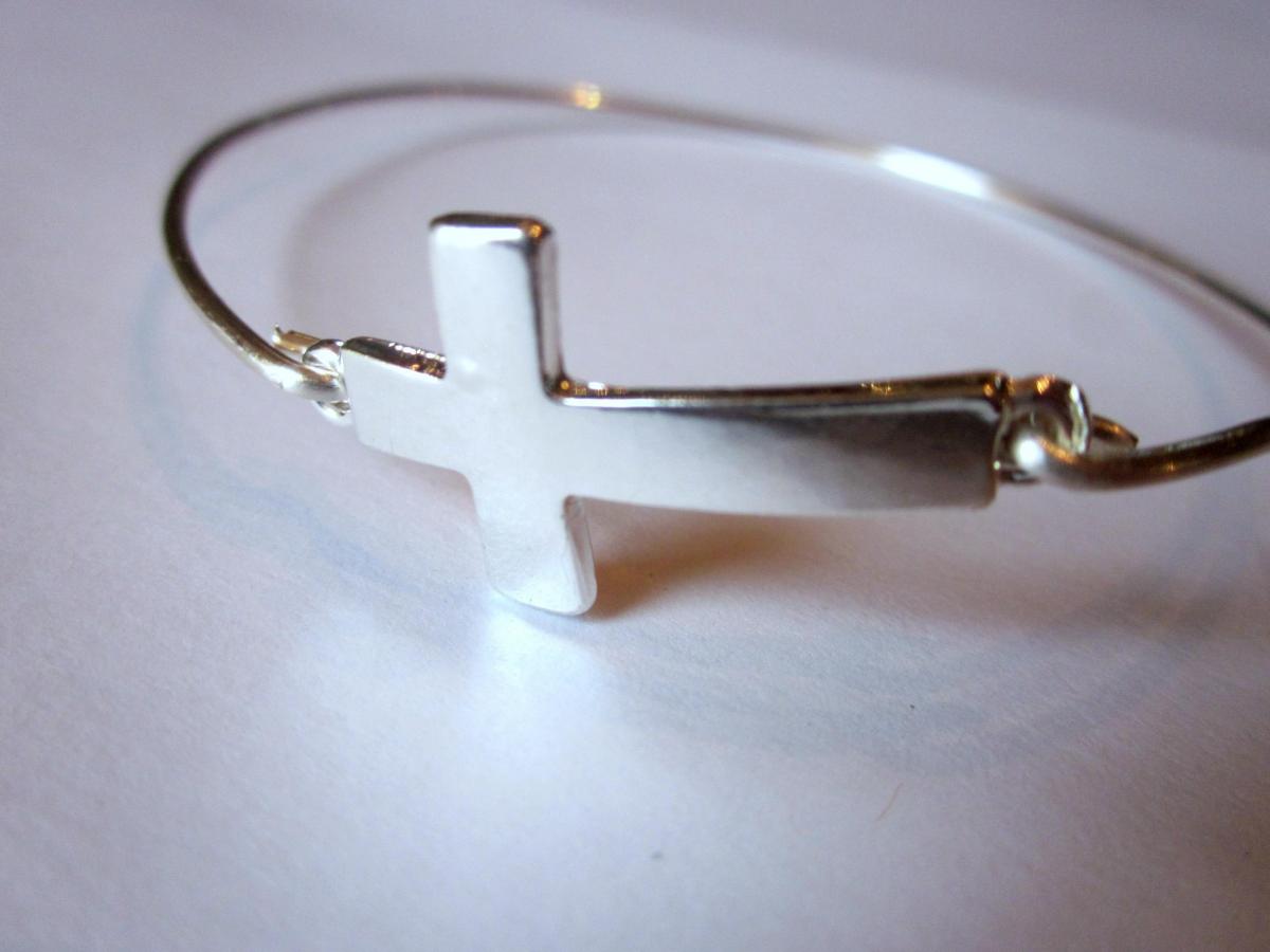 Silver Sideways Cross Bangle Bracelet Silver Charm Cross - Stackable Bangle Bracelet - Bridesmaid Gift