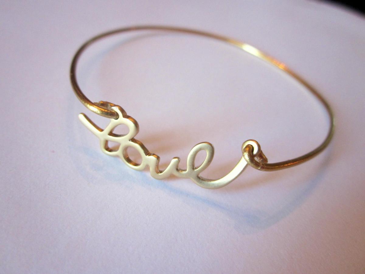 Gold Love Bangle Bracelet Gold Charm Script - Stackable Bangle Charm Bracelet - Bridesmaid Gift - Valentine's Day Jewelry
